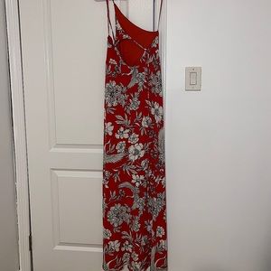Red long summer dress with designs
